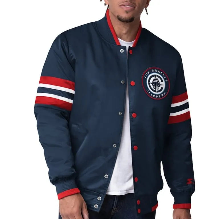 Los Angeles Clippers Scout I Full-Snap Varsity Navy blue Satin Men's Bomber Jacket