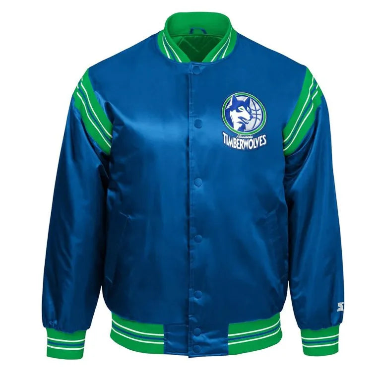 Minnesota Timberwolves The Enforcer Full-Snap Varsity Blue Satin Men's Bomber Jacket