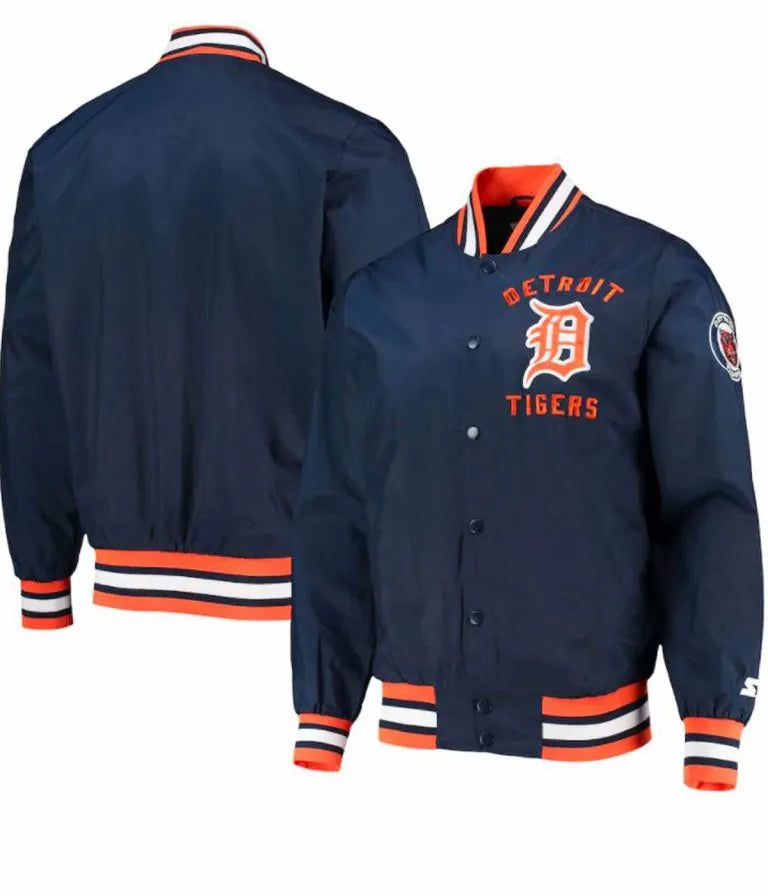 Detroit Tigers Blue Satin Full-Snap Bomber Men's Jacket