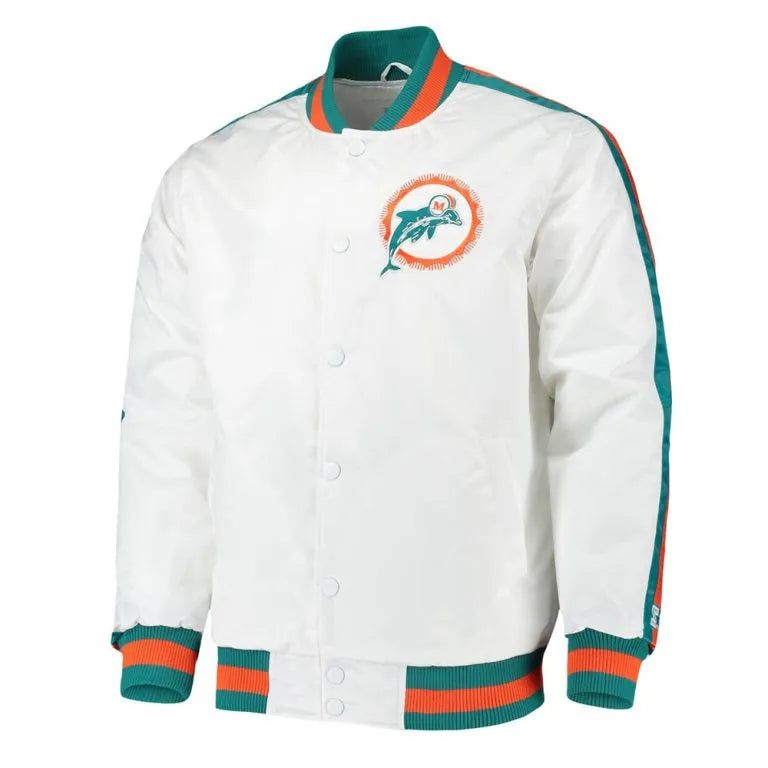 Miami Dolphins Throwback D-Line Full-Snap Varsity White Satin Men's Bomber Jacket