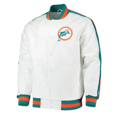 Miami Dolphins Throwback D-Line Full-Snap Varsity White Satin Men's Bomber Jacket