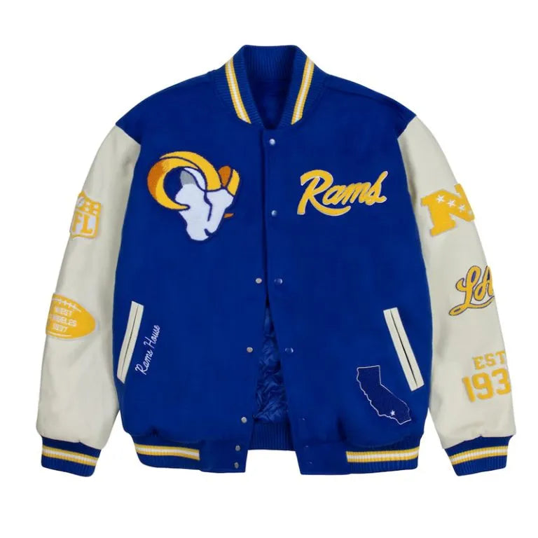 Los Angeles Rams Royal Blue Wool and White Genuine Leather Sleeves Men's Varsity Letterman Jacket