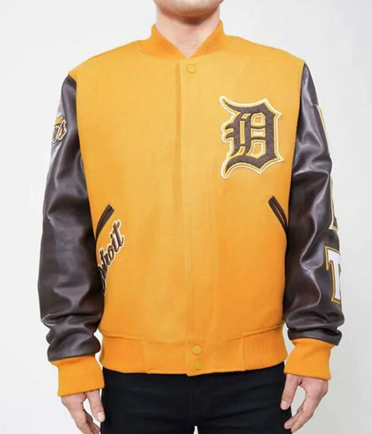 Detroit Tigers Yellow Wool & Black Leather Sleeves Varsity Men's Jacket