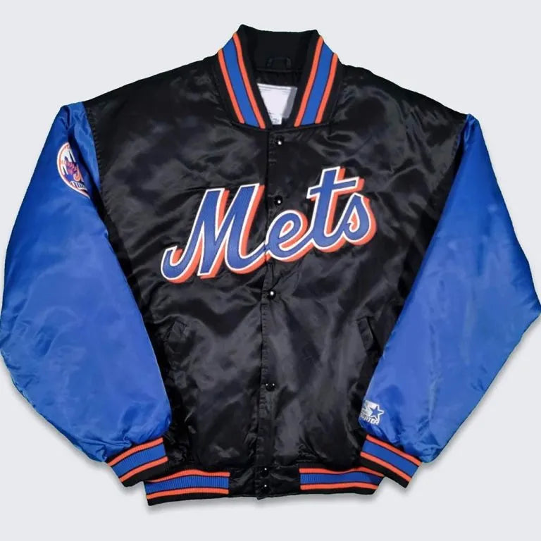 New York Mets 90’s Varsity Full-Snap Black/Blue Satin Men's Jacket