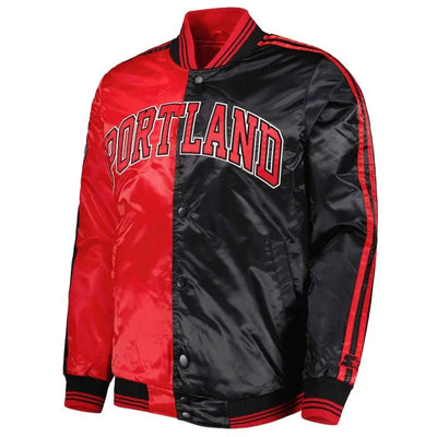 Portland Trail Blazers Fast Break Full-Snap Varsity Red and Black Satin Men's Bomber Jacket