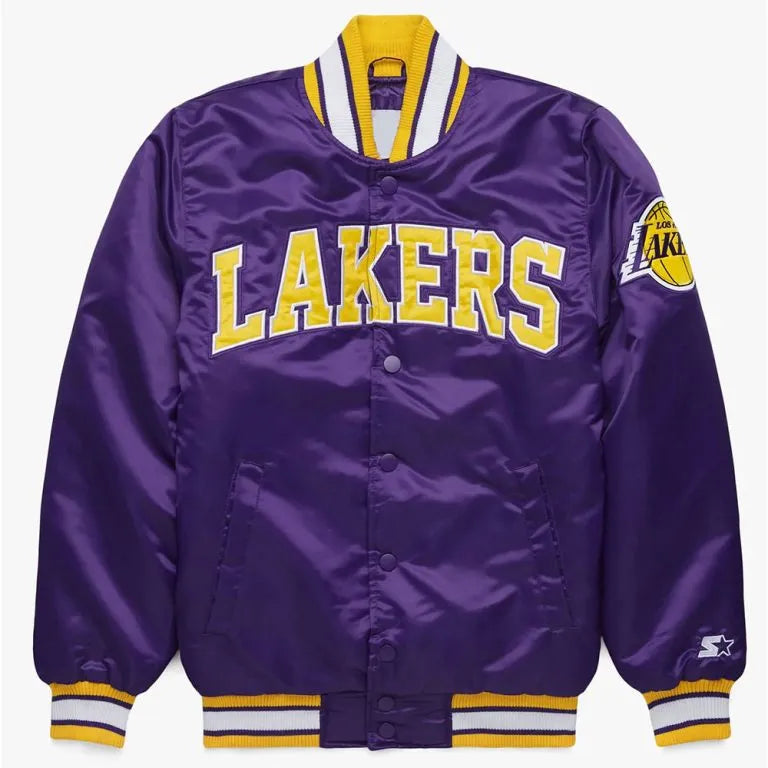 Los Angeles Lakers Classic Full-Snap Varsity Purple Satin Men's Bomber Jacket