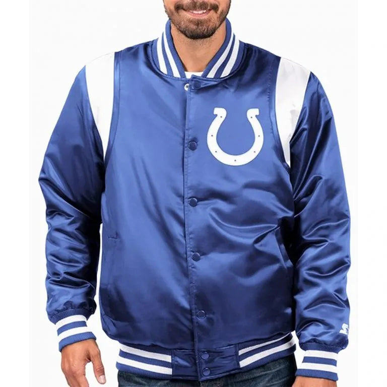Indianapolis Colts Full-Snap Varsity White and Royal Blue Satin Men's Bomber Jacket