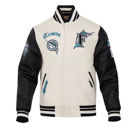 Florida Marlins Varsity Letterman Off White Wool & Leather Sleeves Men's Jacket