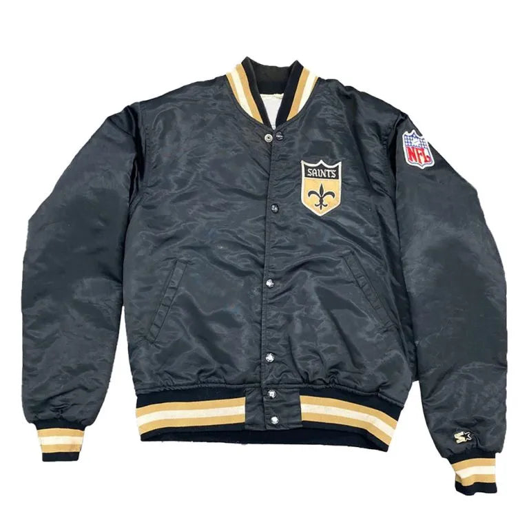 90’s New Orleans Saints Full-Snap Varsity Black Satin Men's Bomber Jacket