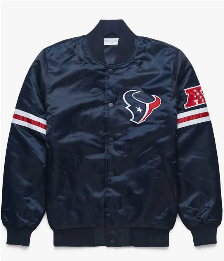 Houston Texan Full-Snap Varsity Navy Blue Satin Men's Bomber Jacket
