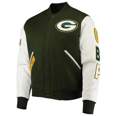 Green Bay Packers Logo Green Wool and White Genuine Leather Sleeves Men's Varsity Letterman Jacket
