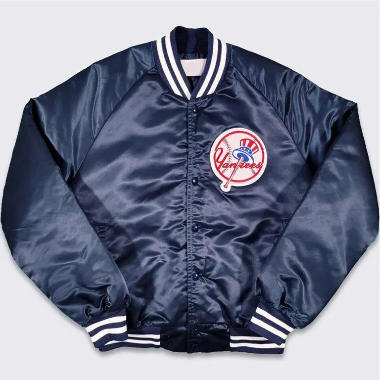 80s New York Yankees Full-Snap Bomber Navy Blue Satin Men's Jacket