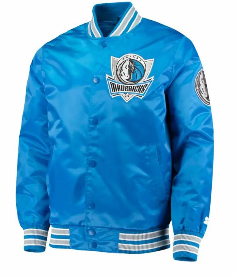 Dallas Mavericks Full-Snap Varsity Blue Satin Men's Bomber Jacket