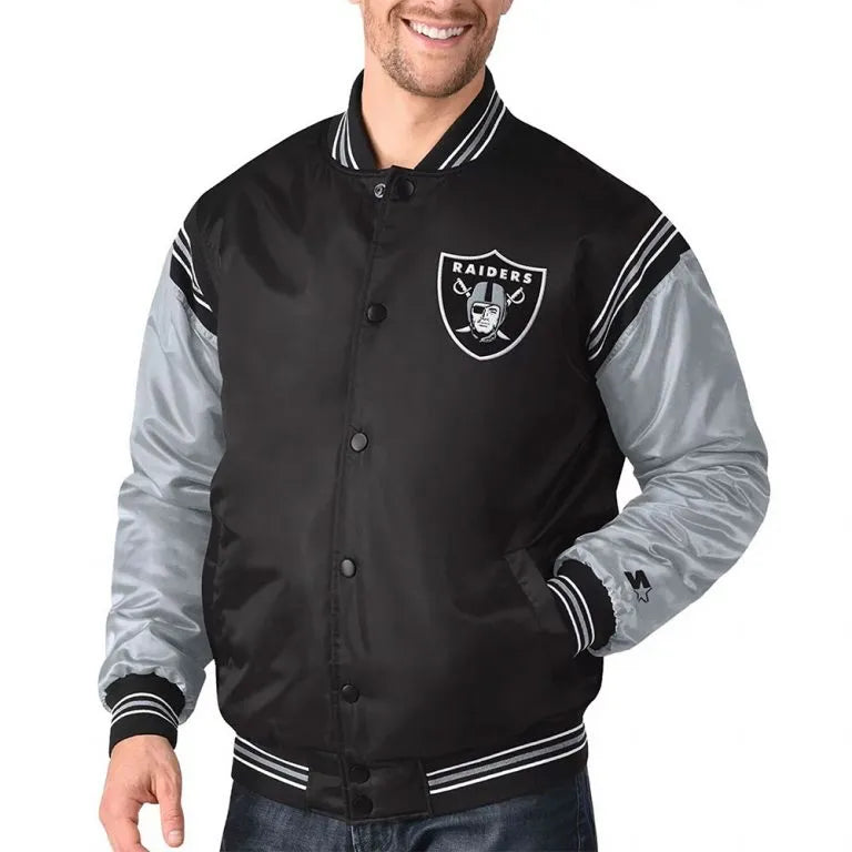 Los Angeles Raiders Enforcer Full-Snap Varsity Black and Grey Satin Men's Bomber Jacket