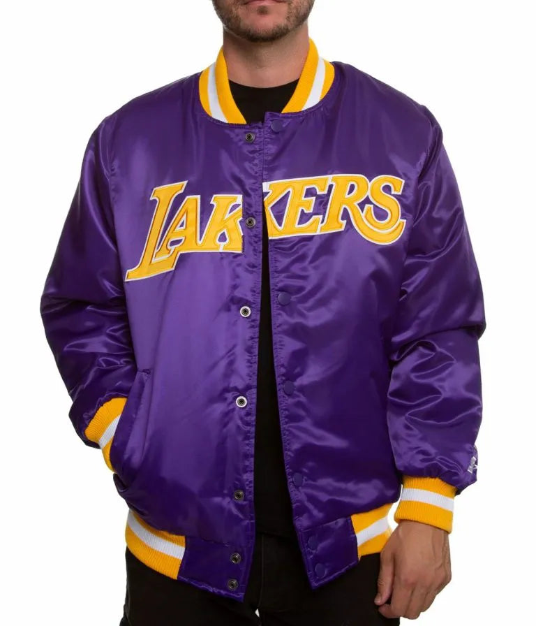 Los Angeles Lakers Full-Snap Varsity Purple Satin Men's Bomber Jacket