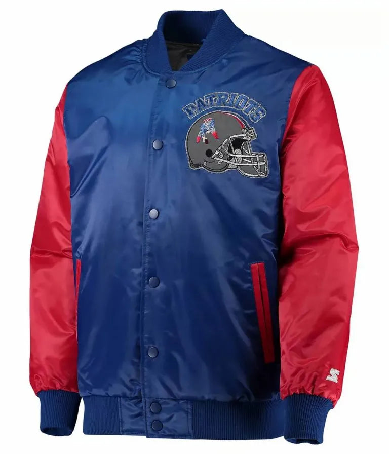 New England Patriots Locker Room Throwback Full-Snap Varsity Red and Royal Blue Satin Men's Bomber Jacket
