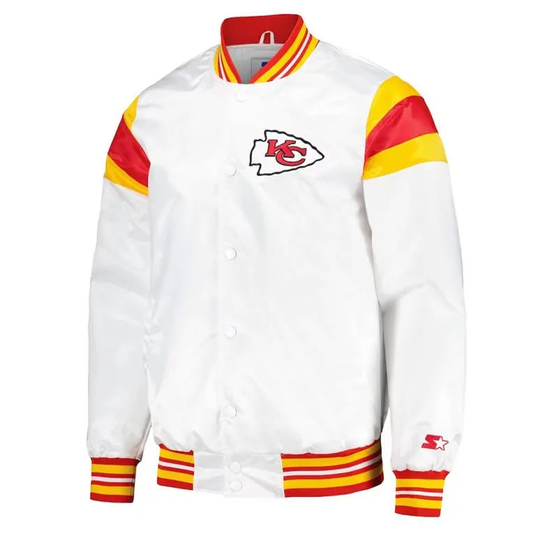 Kansas City Chiefs Teddy Full-Snap Varsity White Satin Men's Bomber Jacket