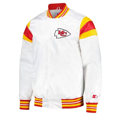 Kansas City Chiefs Teddy Full-Snap Varsity White Satin Men's Bomber Jacket