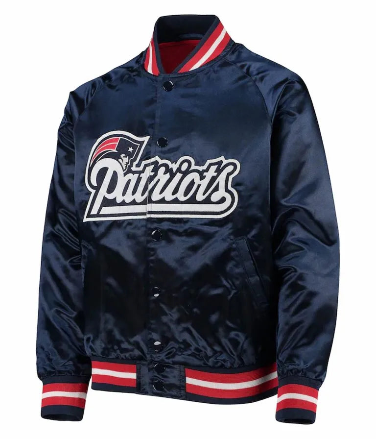 New England Patriots Lightweight Full-Snap Varsity Navy Blue Satin Men's Bomber Jacket