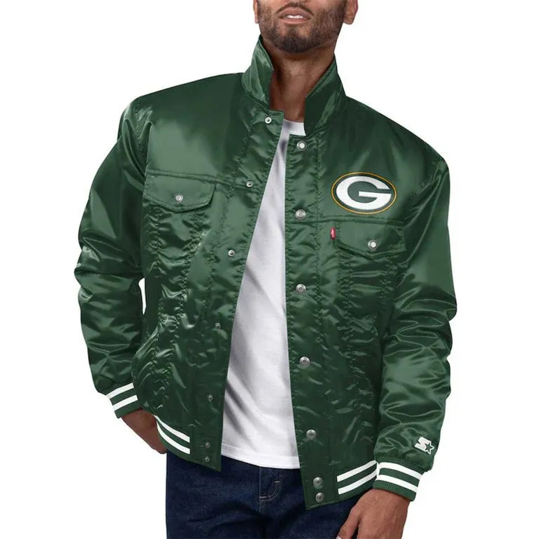 Green Bay Packers Silver Tab Trucker Full-Snap Varsity Green Satin Men's Bomber Jacket
