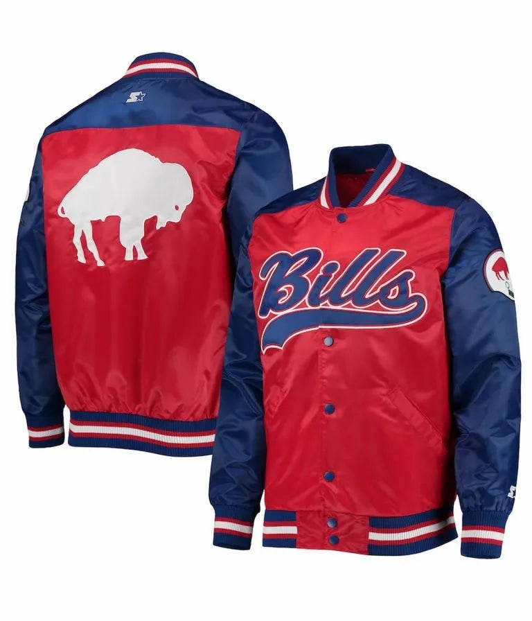 Buffalo Bills Full-Snap Varsity Blue and Red Satin Men's Bomber Jacket
