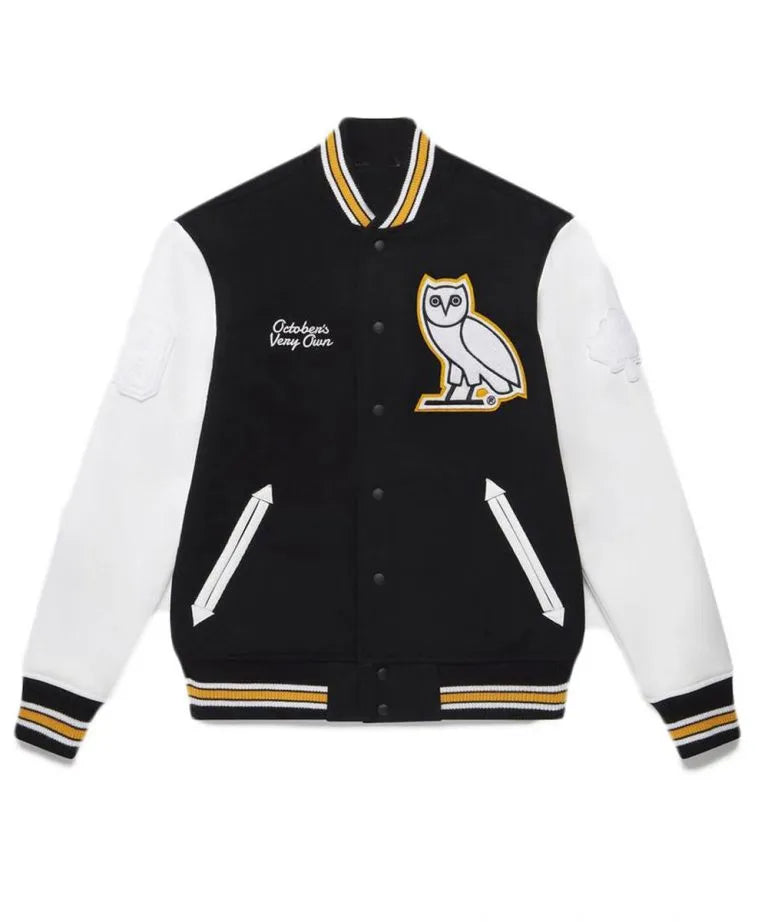 OVO Omega Varsity Black Wool & White Genuine Leather Sleeves Men's Letterman Jacket