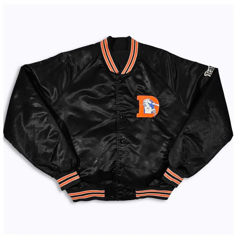 80’s Denver Broncos Full-Snap Varsity Black Satin Men's Bomber Jacket