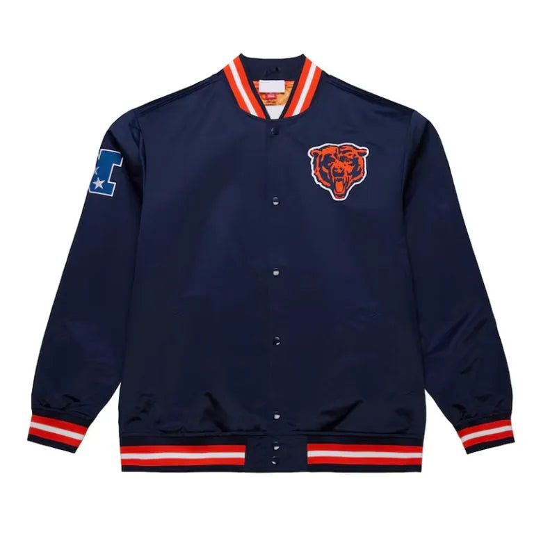 Chicago Bears Double Down Full-Snap Varsity Navy Blue Satin Men's Bomber Jacket