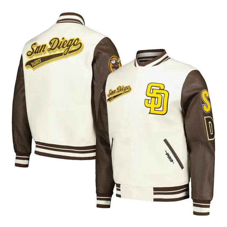 San Diego Padres Script Cream Wool and Brown Leather Sleeves Varsity Men's Jacket
