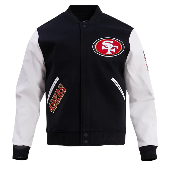 San Francisco 49ers Mash Up Retro Classic Black Wool & White Genuine Leather Sleeves Men's Varsity Letterman Jacket