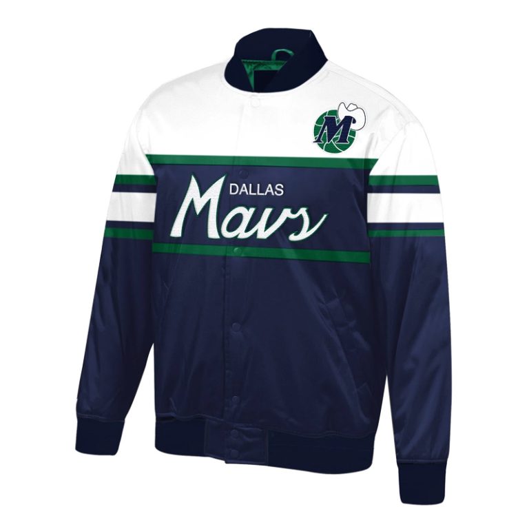 Dallas Mavericks Special Script Full-Snap Varsity Navy Blue and White Satin Men's Bomber Jacket