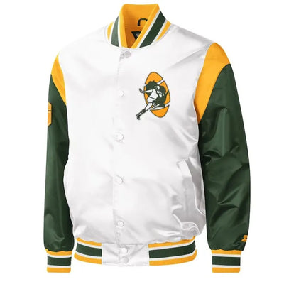 Green Bay Packers Throwback Warm Up Pitch Full-Snap Varsity White & Green Satin Men's Bomber Jacket