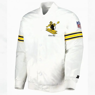 Pittsburgh Steelers The Power Forward Full-Snap Varsity White Satin Men's Bomber Jacket