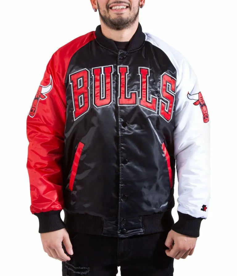 Chicago Bulls Full-Snap Varsity Tri-Color Satin Men's Bomber Jacket