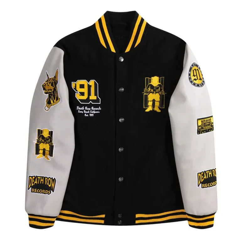 Death Row Records Collegiate Black Wool & White Genuine Leather Sleeves Men's Letterman Varsity Jacket