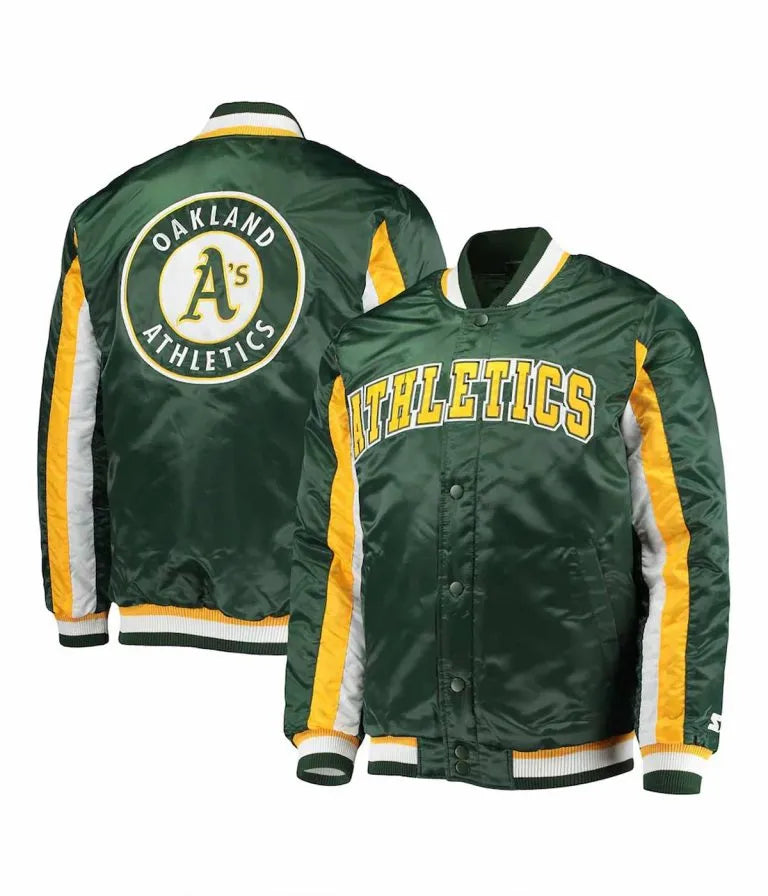 Oakland Athletics The Ace Green Satin Full Snap Varsity Men's Jacket