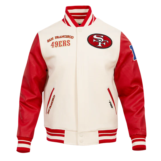 San Francisco 49ers Mash Up Retro Classic Off White Wool & Red Genuine Leather Sleeves Men's Varsity Letterman Jacket