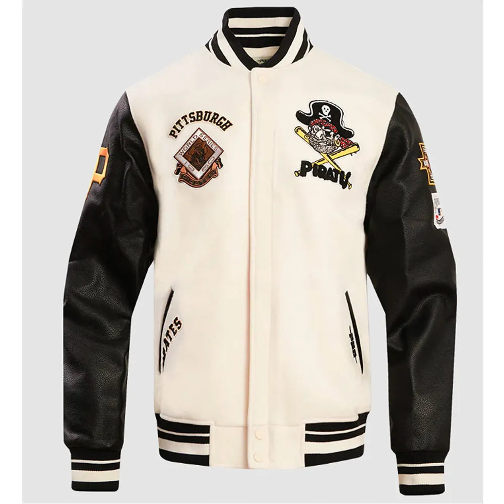 Pittsburgh Pirates Retro Classic Rib Off White Wool & Black Leather Varsity Men's Jacket