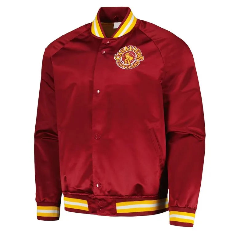 Cleveland Cavaliers Throwback Wordmark Full-Snap Varsity Wine Satin Men's Bomber Jacket