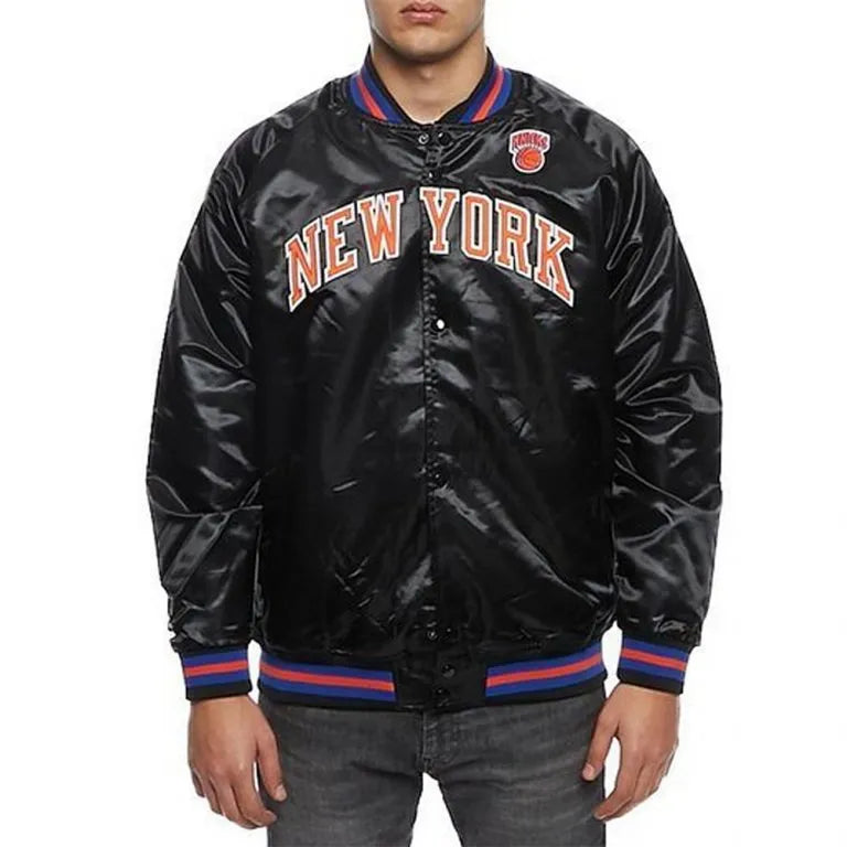 New York Knick Hardwood Classic Full-Snap Varsity Black Satin Men's Bomber Jacket