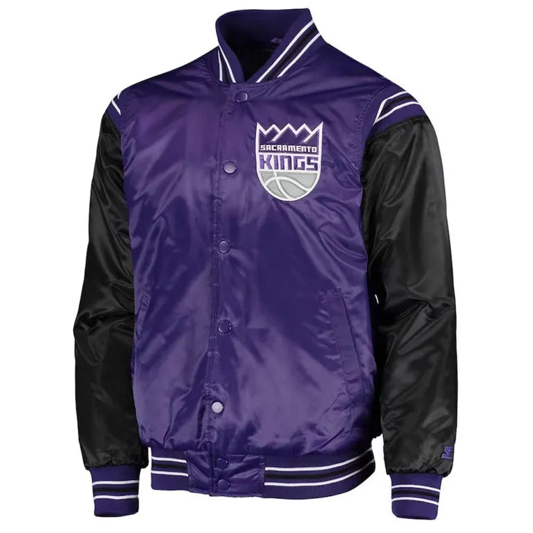 Sacramento Kings The Enforcer Full-Snap Varsity Purple and Black Satin Men's Bomber Jacket
