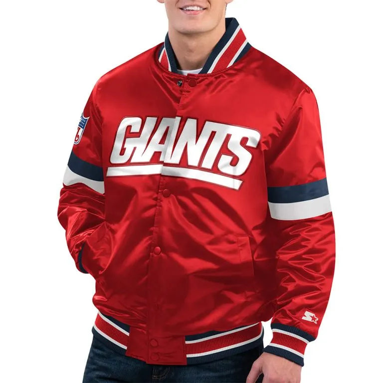 New York Giants Home Game Full-Snap Varsity Red Satin Men's Bomber Jacket