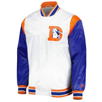 Denver Broncos Throwback Warm Up Pitch Full-Snap Varsity Royal Blue & White Satin Men's Bomber Jacket