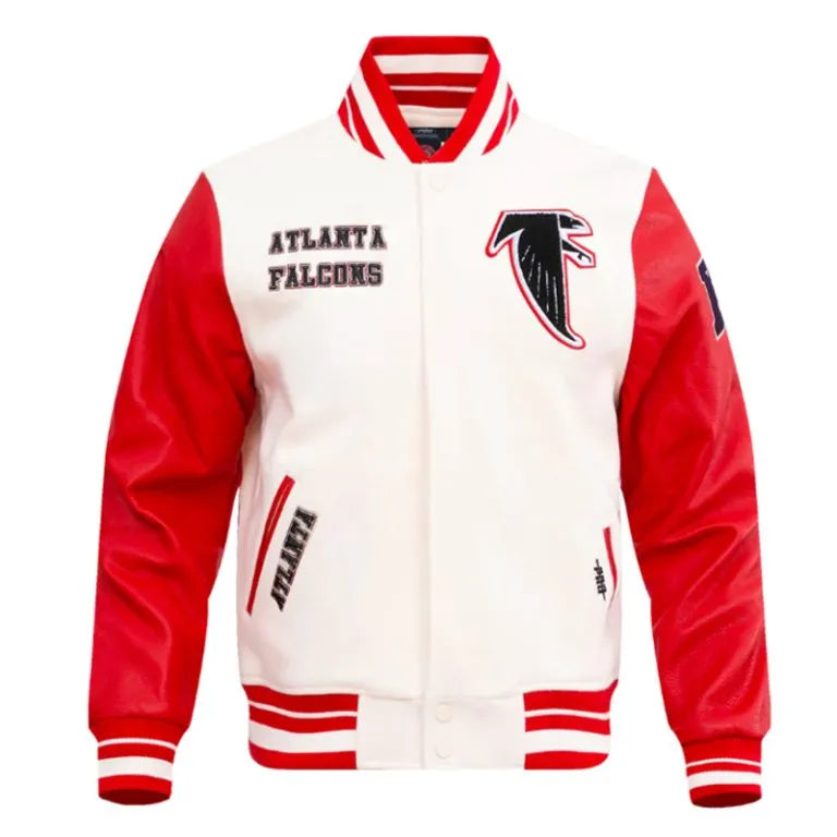 Atlanta Falcons Varsity Off White Wool & Red Genuine Leather Sleeves Men's Jacket