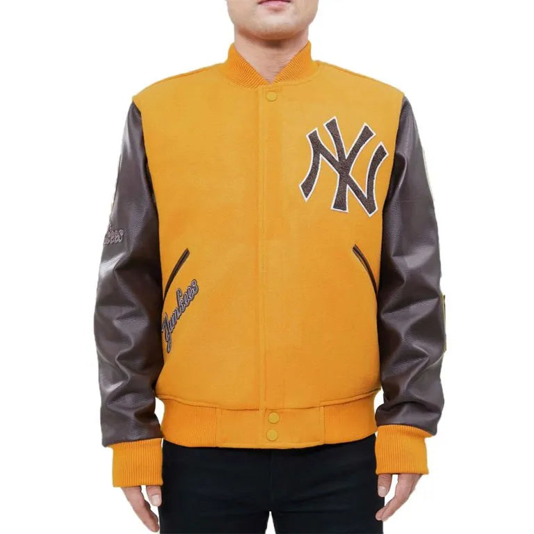 New York Yankees Logo Blended Varsity Gold Wool & Black Leather Men's Jacket