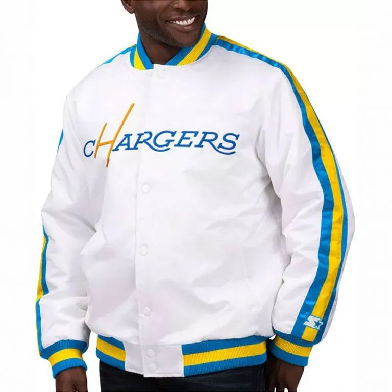 Los Angeles Chargers The D-Line Full-Snap Varsity White Satin Men's Bomber Jacket