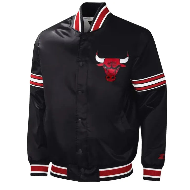 Chicago Bulls Slider Full-Snap Varsity Black Satin Men's Bomber Jacket