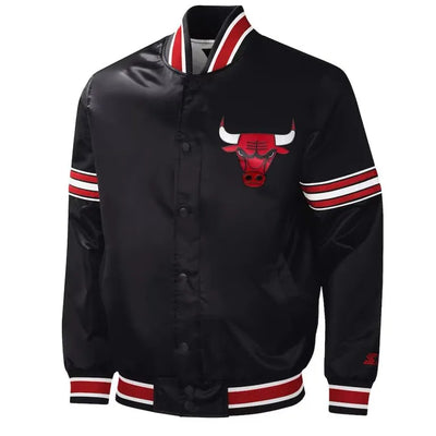 Chicago Bulls Slider Full-Snap Varsity Black Satin Men's Bomber Jacket