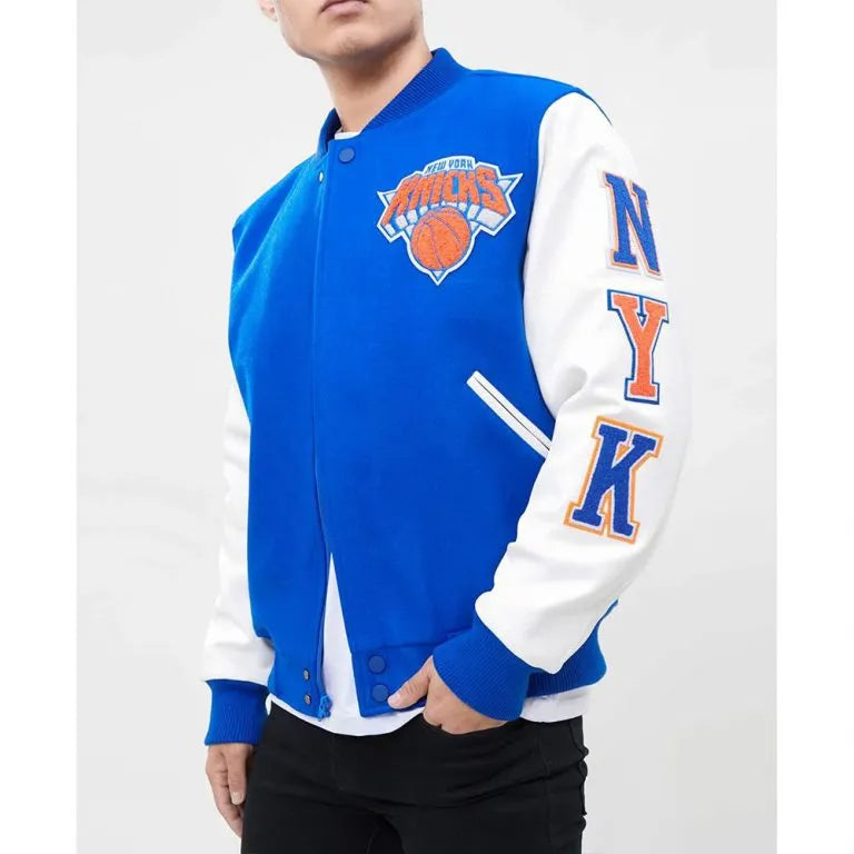 New York Knicks Varsity Royal Blue Wool & White Genuine Leather Sleeves Men's Letterman Jacket