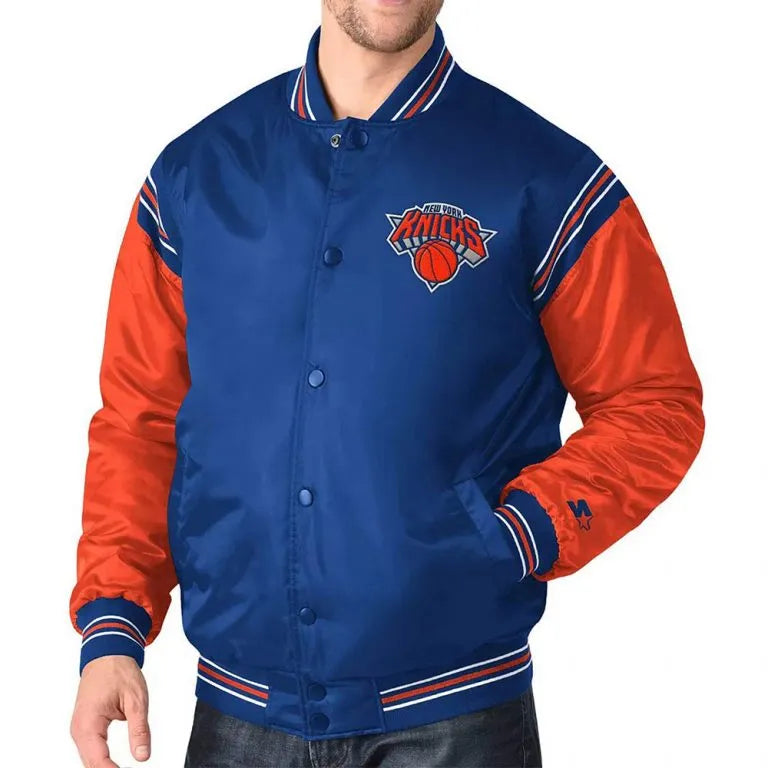 New York Knick The Enforcer Full-Snap Varsity Blue/Orange Satin Men's Bomber Jacket